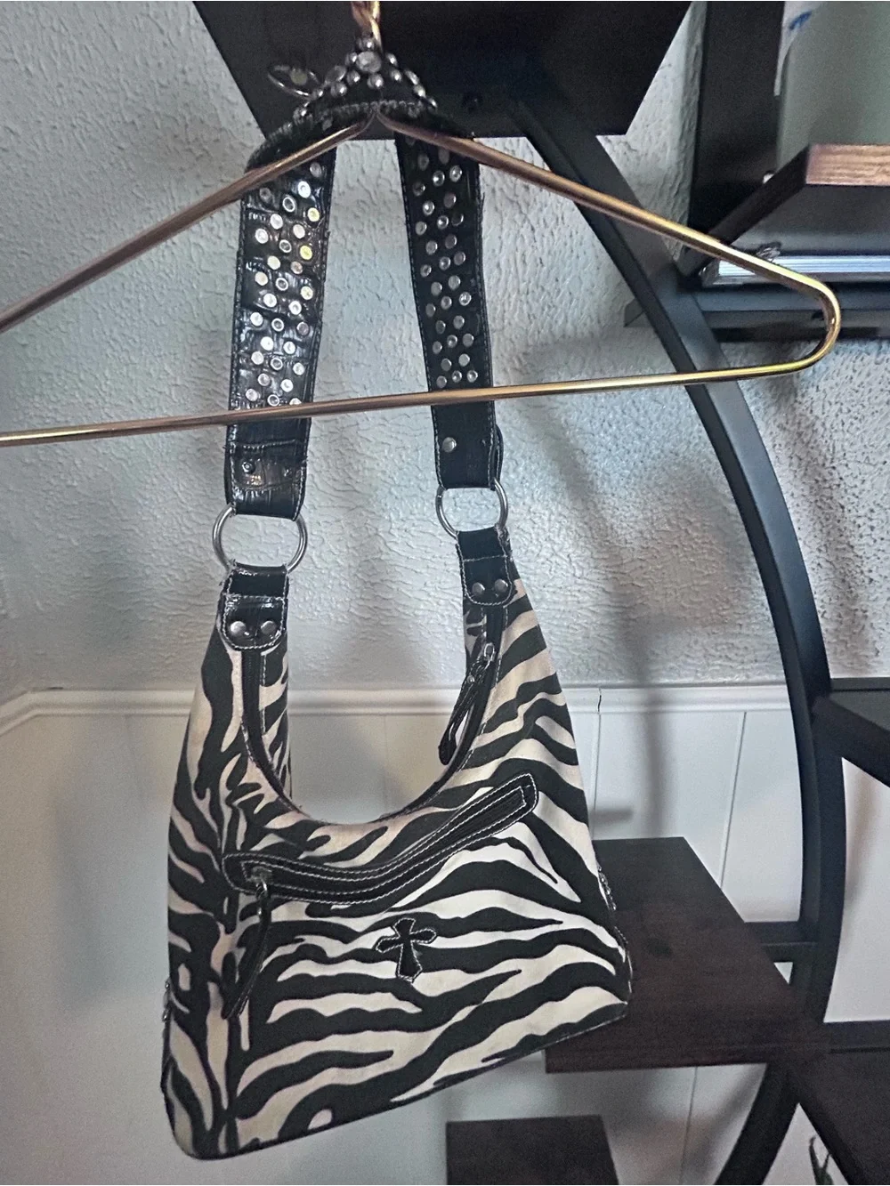 Women's Zebra Print Shoulder Bag with Turquoise Cross Accent Y2K Purse - Picture 2 of 3